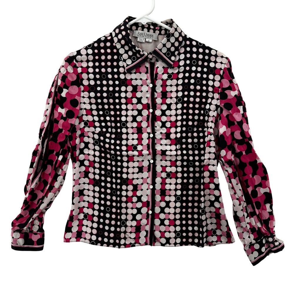 Kay Unger Shirt Womens 8 Black Pink Polka Dot Print Long Sleeve Button Up Top